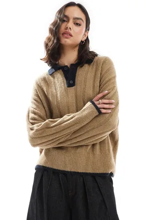 ASOS Mokkabrun poloskjorte med brede, ribstrikkede detaljer i chunky strik