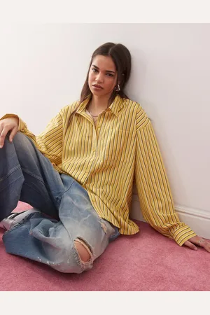 COLLUSION Gul oversized skjorte med striber i vævet blandingsstof-Multifarvet