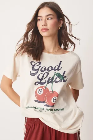 Hollister Hvid T-shirt med lige hals og "Good Luck"-kirsebærprint