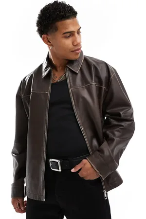 ASOS Premium - Oversized Harrington-jakke i ægte, brunt læder med slidt finish