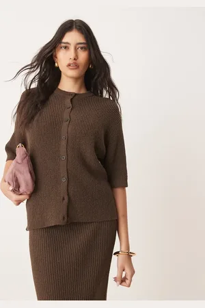 ASOS Chokoladebrun cardigan med korte ærmer i bouclé - Del af sæt