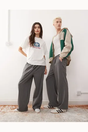 Reclaimed Unisex - Koksgrå pull-on bukser med brede ben og nålestriber