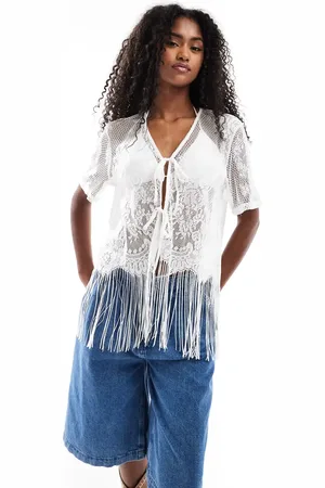 Pieces® Cremefarvet western-cardigan med bindebånd foran og frynser forneden-Hvid