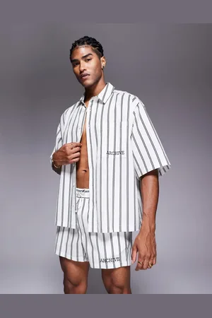 ASOS Oversized skjorte med broderi på brystet og striber i firkantet pasform - Del af sæt-Neutral