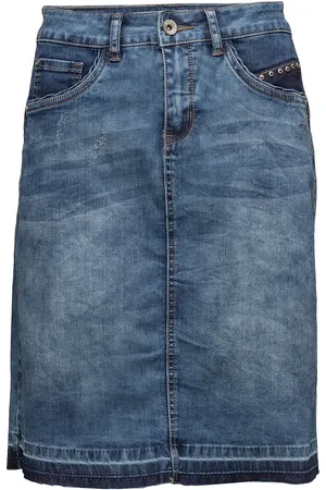 Cream Patched Denim Skirt Knælang Nederdel Blue