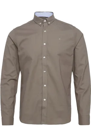 Clean Cut Oxford Stretch Plain L/S Tops Shirts Casual Khaki Green