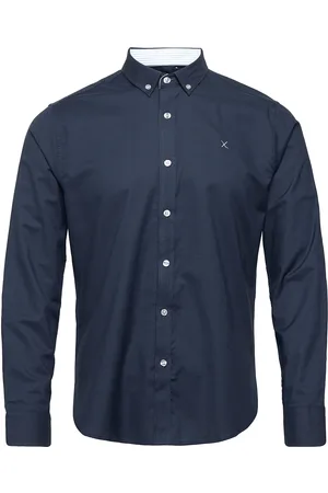 Clean Cut Oxford Stretch Plain L/S Tops Shirts Casual Navy