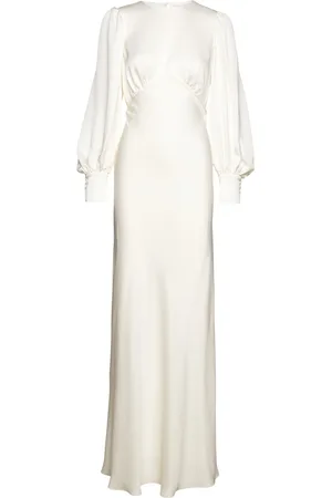 By Malina Mathilde Pouf Sleeve Satin Bridal Gown Designers Maxi Dress White