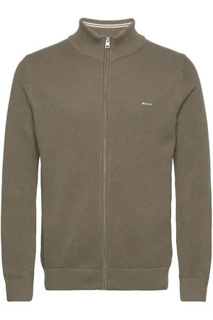 GANT Cotton Pique Zip Cardigan Tops Knitwear Full Zip Jumpers Khaki Green