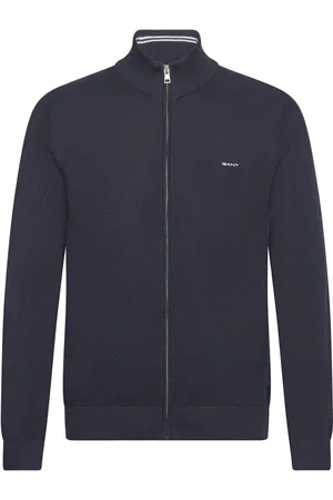 GANT Cotton Pique Zip Cardigan Tops Knitwear Full Zip Jumpers Navy