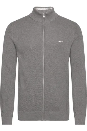 GANT Cotton Pique Zip Cardigan Tops Knitwear Full Zip Jumpers Grey