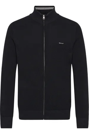 GANT Cotton Pique Zip Cardigan Tops Knitwear Full Zip Jumpers Black