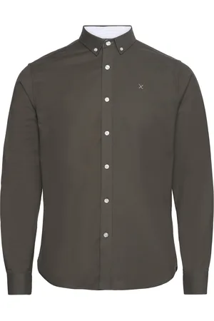 Clean Cut Oxford Stretch Plain L/S Tops Shirts Casual Khaki Green