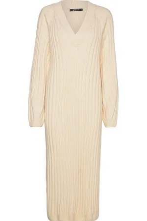 Gina Tricot V-Neck Knitted Dress Knælang Kjole Cream