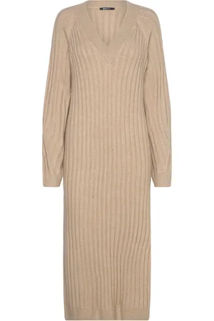 Gina Tricot V-Neck Knitted Dress Knælang Kjole Beige