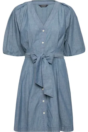 Ralph Lauren Belted Denim Bubble-Sleeve Shirtdress Kort Kjole Blue