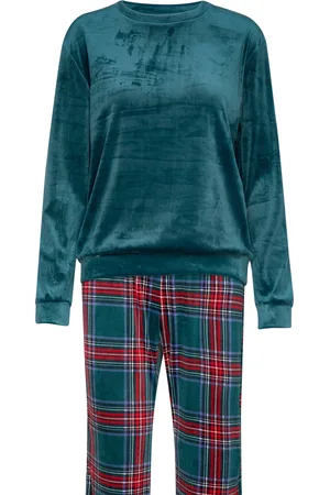 Hunkemöller Pj Set Velours Check Pyjamas Nattøj Green