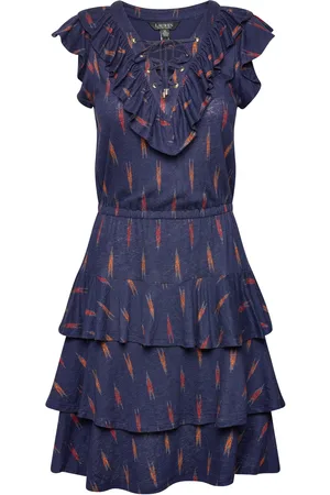 Ralph Lauren Geo-Print Ruffle-Trim Jersey Dress Kort Kjole Navy