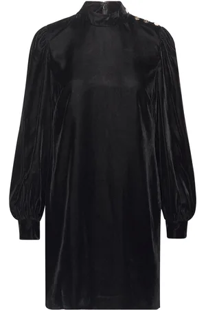 Ralph Lauren Button-Trim Velvet Mockneck Dress Kort Kjole Black