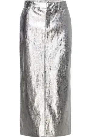 MANGO Metallic Midi Skirt Knælang Nederdel Silver