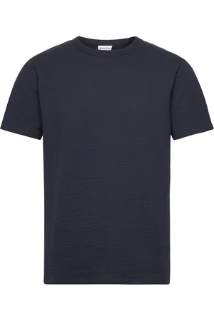 SELECTED Slhsander Seersucker Ss O-Neck Tee Tops T-Kortærmet Skjorte Navy