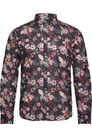 Lindbergh Printed Cotton/Linen Shirt L/S Tops Shirts Linen Shirts Navy