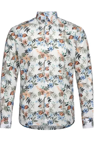 Lindbergh Printed Cotton/Linen Shirt L/S Tops Shirts Linen Shirts White