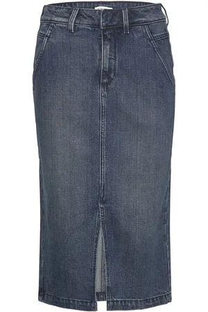 TOM TAILOR Denim Skirt With Slit Knælang Nederdel Blue