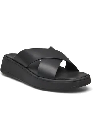FitFlop F-Mode Leather Flatform Cross Slides Shoes Summer Shoes Platform Sandals Black