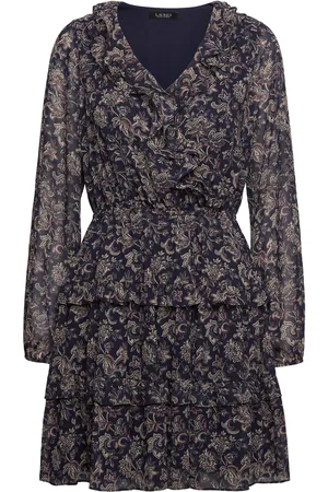 Ralph Lauren Floral Crinkle Georgette Surplice Dress Kort Kjole Navy