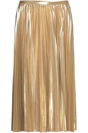 Ralph Lauren Pleated Metallic Chiffon Skirt Knælang Nederdel Gold