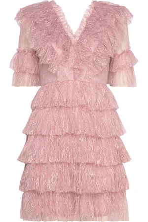 By Malina Sky V-Neck Frill Mini Lace Dress Designers Short Dress Pink