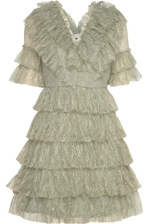 By Malina Sky V-Neck Frill Mini Lace Dress Designers Short Dress Khaki Green