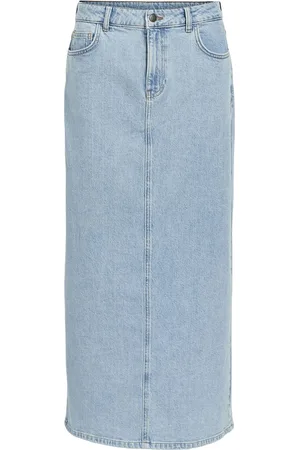 Object Objellen Mw Long Denim Skirt Noos Lang Nederdel Blue