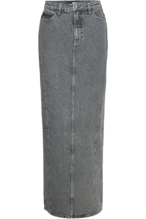 ROTATE Rhinest Denim Skirt Lang Nederdel Grey
