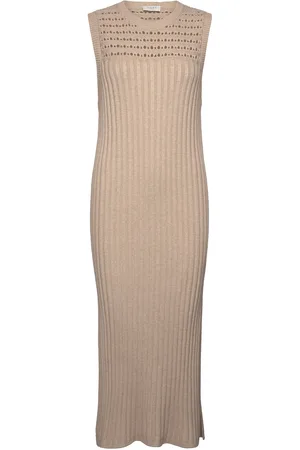 Norr Crome Rib Knit Dress Knælang Kjole Beige