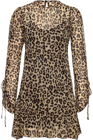 MANGO Flared-Sleeved Leopard-Print Dress Kort Kjole Brown