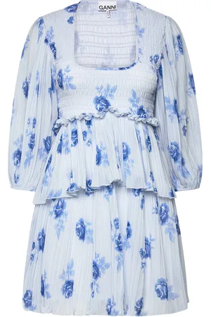 Ganni Pleated Georgette Kort Kjole Blue