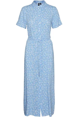 VERO MODA Vmeasy Joy S/S Long Shirt Dress Wvn Ga Maxikjole Festkjole Blue
