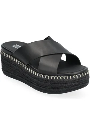 FitFlop Eloise Espadrille Leather Wedge Cross Slides Shoes Summer Shoes Platform Sandals Black