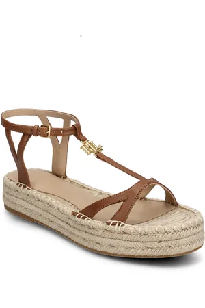 Ralph Lauren Payton Burnished Leather Espadrille Espadrillos Med Hæl Sandal Beige