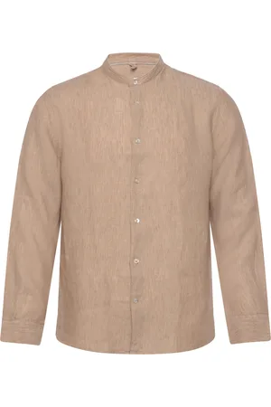 MANGO 100% Linen Mao Collar Shirt Tops Shirts Linen Shirts Beige