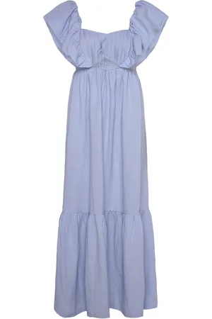 By Malina Emilie Frill Detailed Linen Blend Maxi Dress Maxikjole Festkjole Blue