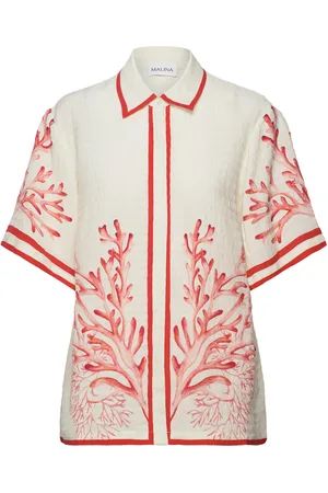 By Malina Gia Printed Short Sleeve Shirt Tops Shirts Linen Shirts Red
