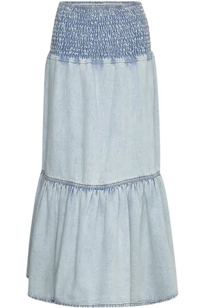 Gina Tricot Smock Flounce Denim Skirt Lang Nederdel Blue