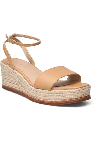 Ralph Lauren Leona Nappa Leather Espadrille Espadrillos Med Hæl Sandal Beige