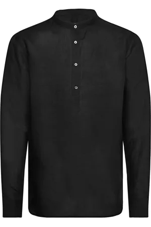 MANGO Regular-Fit Linen Shirt With Mao Collar Tops Shirts Linen Shirts Black