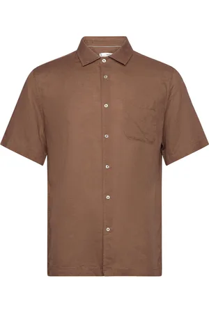 MANGO Regular-Fit Linen Shirt With Pocket Tops Shirts Short-sleeved Brown