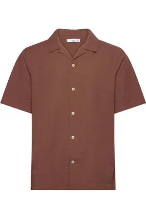 MANGO Regular-Fit 100% Seersucker Cotton Shirt Tops T-Kortærmet Skjorte Brown