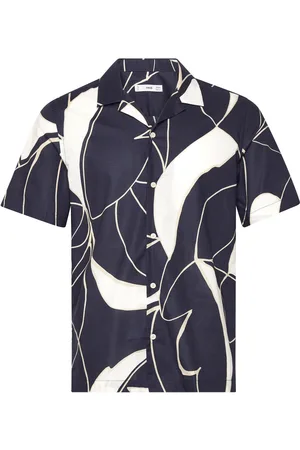 MANGO 100% Cotton Printed Shirt Tops T-Kortærmet Skjorte Navy